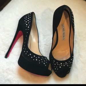 Luciano Padovan Black Suede, Rhinestones, Pink Sole Peep Toe High Heels Shoes